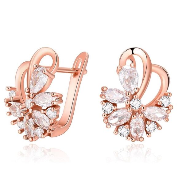 Rose Gold with White Diamond Cubic Zirconia French Clip Flower Drop Earrings